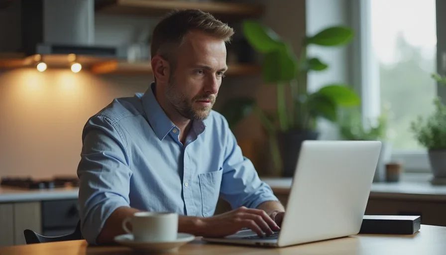 Week two focuses on protecting the highest-risk area American man in his forties verifying a photo backup on a laptop and external drive at a kitchen table, calm focused expression, soft evening light