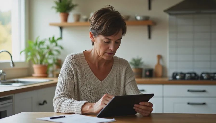 Middle-aged American woman sitting at a kitchen table reviewing a simple digital checklist on a tablet, calm morning light, everyday household setting