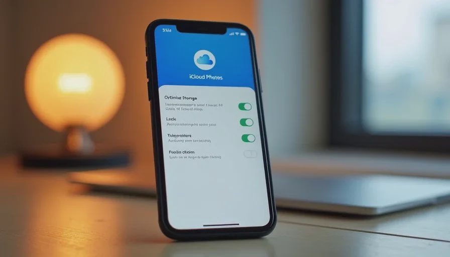 Close-up of a smartphone screen showing iCloud Photos settings options, soft desk lamp light, quiet home workspace