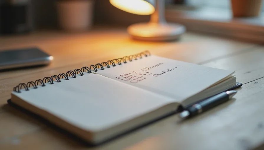 Open notebook on a wooden desk with a short handwritten digital reset list, pen beside it, soft evening light, quiet home workspace