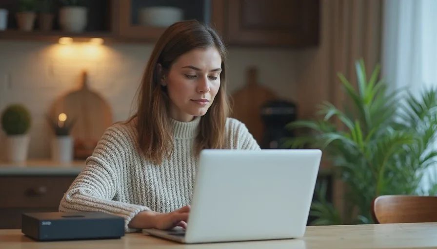 American woman in her forties reviewing family photos on a laptop and external drive at a kitchen table, calm focused expression, soft evening light