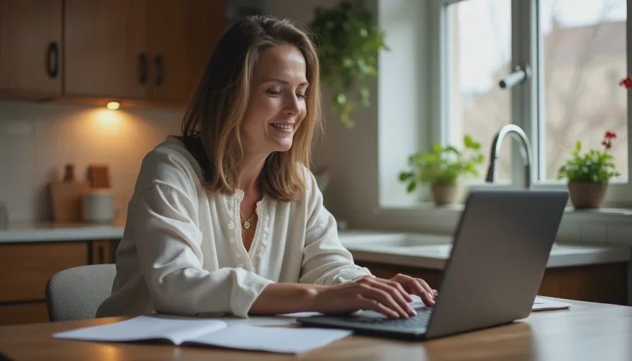 A short timed reset replaces the old failure story American woman in her forties calmly sorting a few files on a laptop at a kitchen table, soft evening light, relaxed focused expression