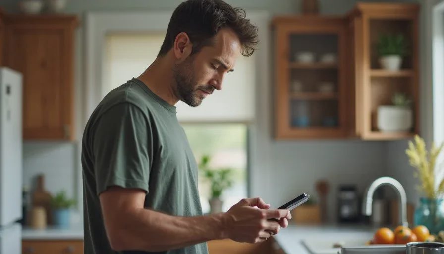 American man in his forties quickly cleaning his phone home screen at a kitchen counter, calm focused expression, soft morning light