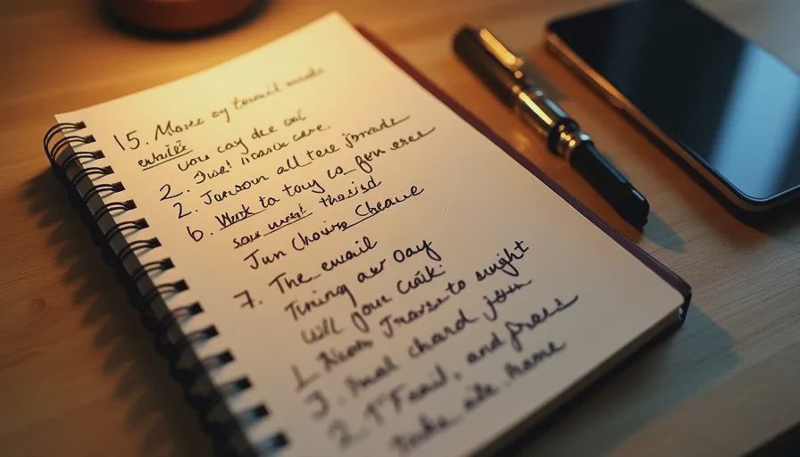 Write down every detail you still remember before starting recovery Close-up of a handwritten list of old email recovery details in a notebook, soft desk lamp light, quiet home workspace