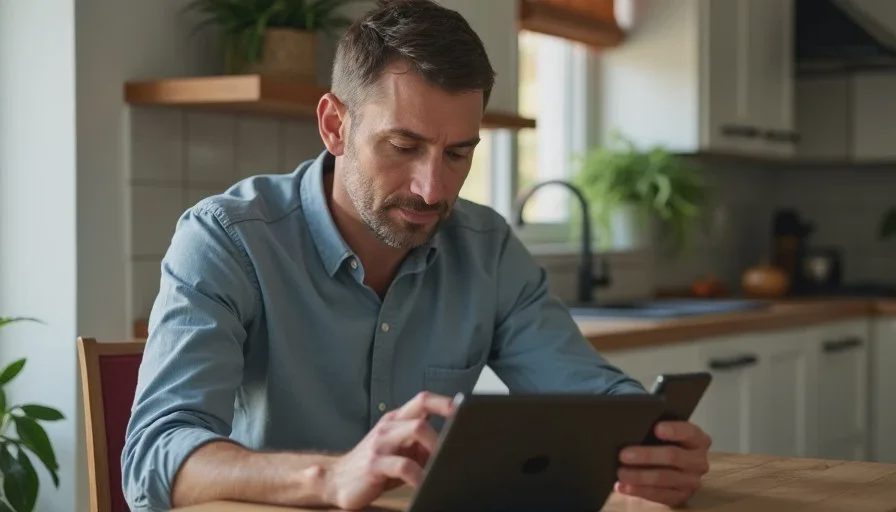 American man in his forties comparing an old phone and a new phone at a kitchen table while checking a device list on a tablet, calm focused expression, soft evening light