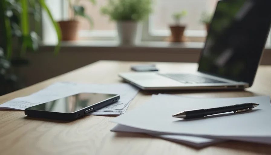 Ordinary digital residue accumulates without special negligence Slightly messy but ordinary desk with mixed papers, a phone and a laptop, soft daylight, realistic American home office showing everyday digital residue