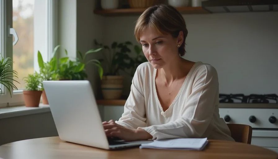 File the receipt on the day of purchase before it disappears American woman in her forties saving a digital receipt into a warranties folder on a laptop at a kitchen table, calm focused expression, soft evening light