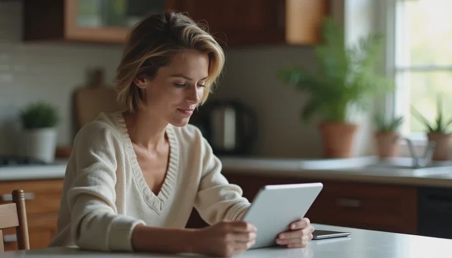 American woman in her forties reviewing a short subscription cancellation checklist on a tablet at a kitchen table, calm focused expression, soft evening light