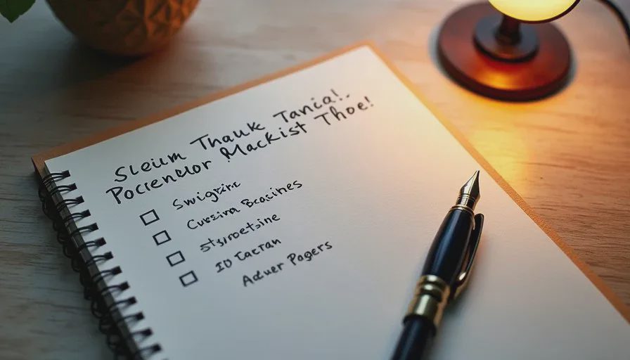 Close-up of a handwritten seasonal digital checklist in a notebook, soft desk lamp light, quiet home workspace