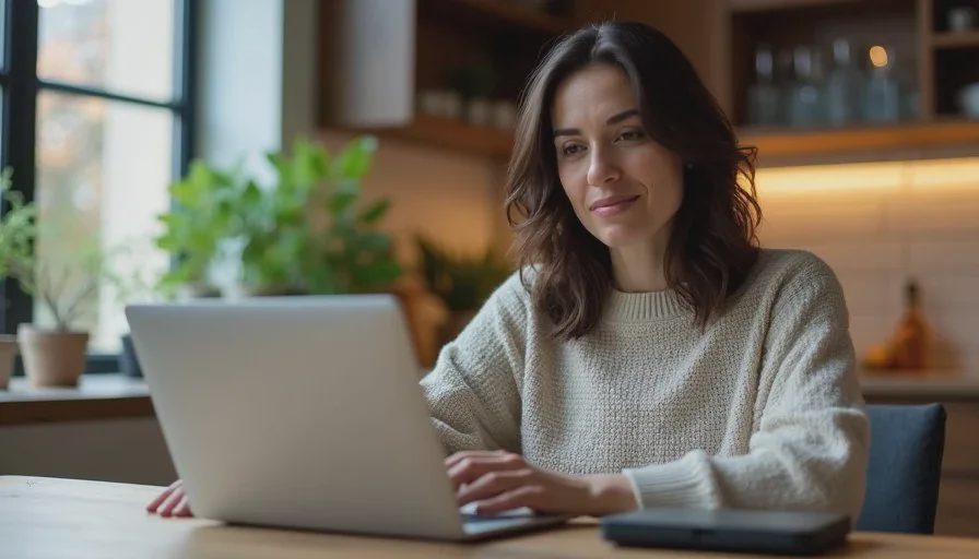American woman in her forties carefully reviewing restored family photos on a laptop with an external backup drive beside it, calm focused expression, soft evening light in a home kitchen