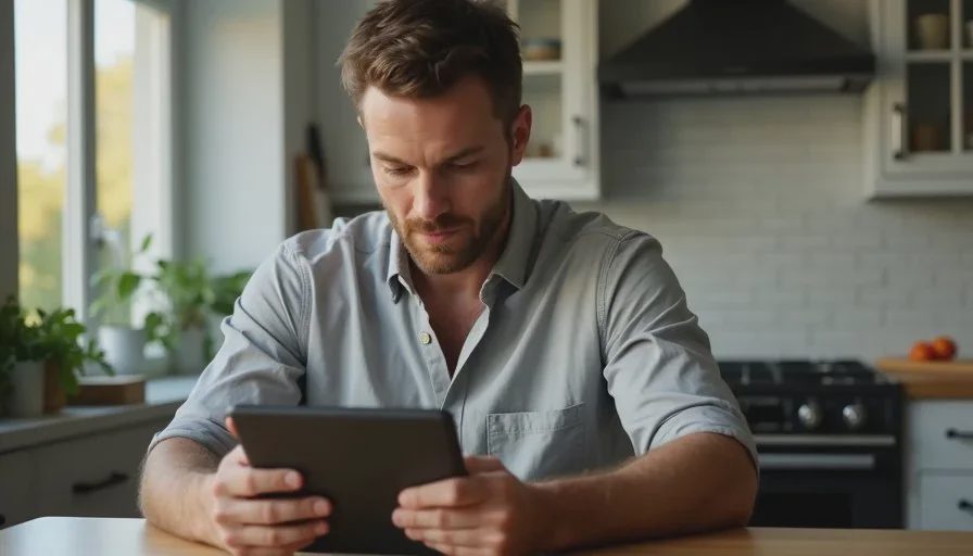 One high-value area is enough for twenty minutes American adult reviewing a short household digital checklist on a tablet at a kitchen table in soft evening light, calm and focused expression