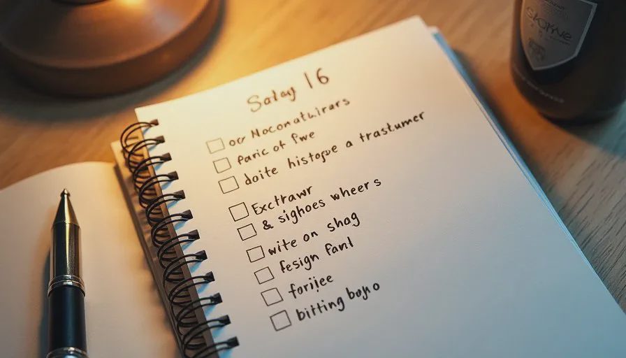 Write the weekly focus before you begin each session Close-up of a handwritten weekly digital reset checklist in a notebook, soft desk lamp light, quiet home workspace
