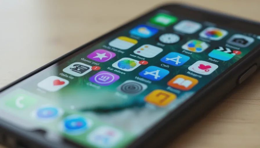 Close-up of a smartphone home screen crowded with app icons and folders, soft desk light, realistic view of everyday phone clutter