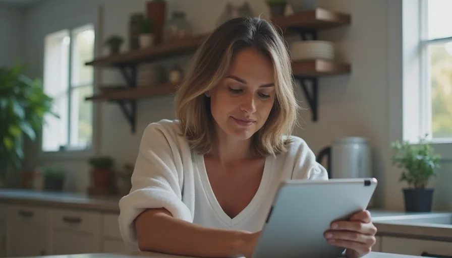 Record what each trusted contact can actually do in the account map American woman in her forties updating a household account map on a tablet at a kitchen table, calm focused expression, soft evening light