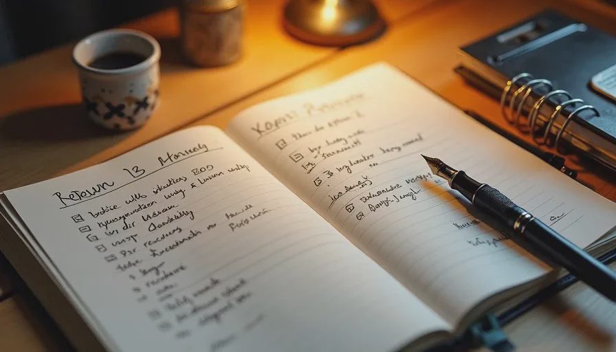 Record recovery paths, not the passwords themselves Close-up of a handwritten account inventory list in a notebook with recovery notes, soft desk lamp light, quiet home workspace
