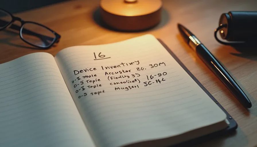 Close-up of a handwritten household device inventory in a notebook with serial numbers noted, soft desk lamp light, quiet home workspace