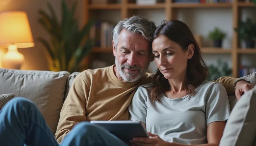 American couple in their forties sitting together on a living-room sofa reviewing family photos on a shared tablet, warm evening lamp light, relaxed home atmosphere