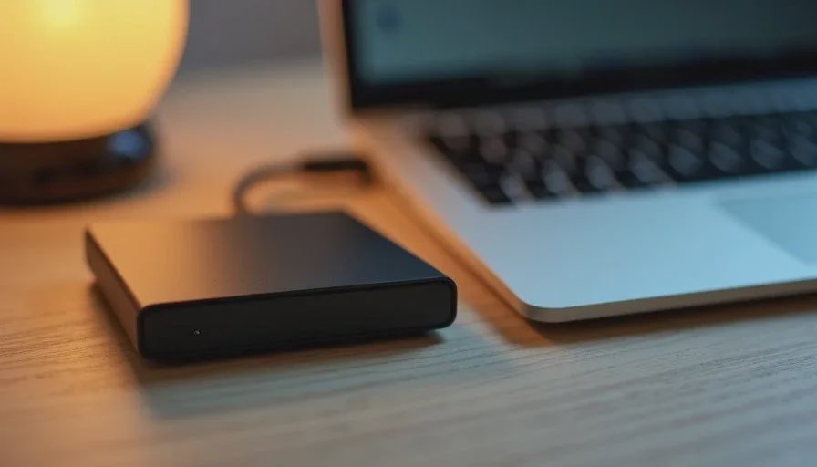 Close-up of an external hard drive connected to a laptop during a data recovery attempt, soft desk lamp light, quiet home workspace conveying careful restoration work