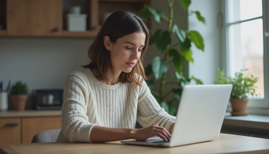 Opening a few sample files is the core of the backup test American woman in her forties opening photo files from an external backup drive on a laptop at a kitchen table, calm focused expression, soft evening light