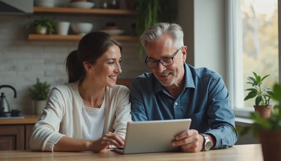 Shared household knowledge works better when it is written down American couple in their forties sitting at a kitchen table reviewing a simple account list on a tablet together, calm evening light, everyday home setting
