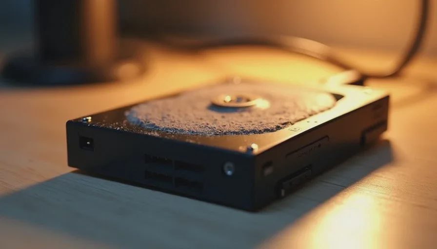 An untested drive can sit quietly while its copy becomes outdated Close-up of an external hard drive on a desk with a layer of light dust, soft desk lamp light, suggesting a backup that has not been checked recently
