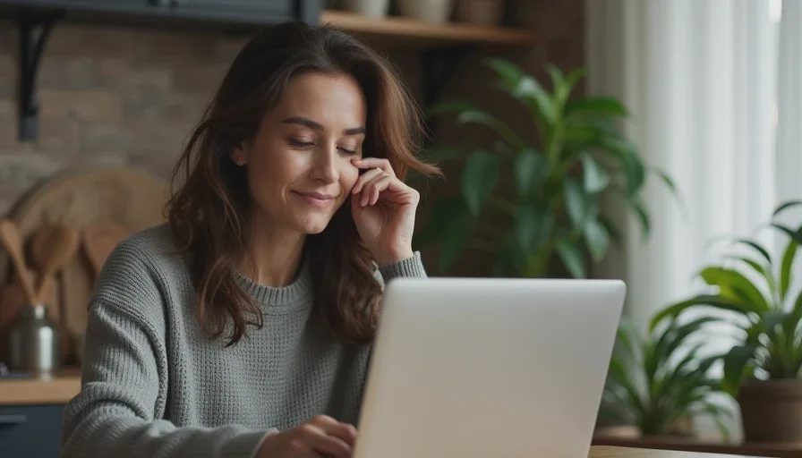 A password manager makes unique credentials the easier choice American woman in her forties setting up unique passwords in a password manager on a laptop at a kitchen table, calm focused expression, soft evening light
