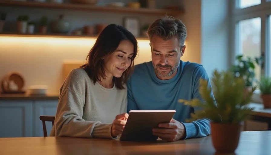 American couple in their forties reviewing a short digital maintenance list on a tablet at a kitchen table, calm evening light, relaxed home atmosphere