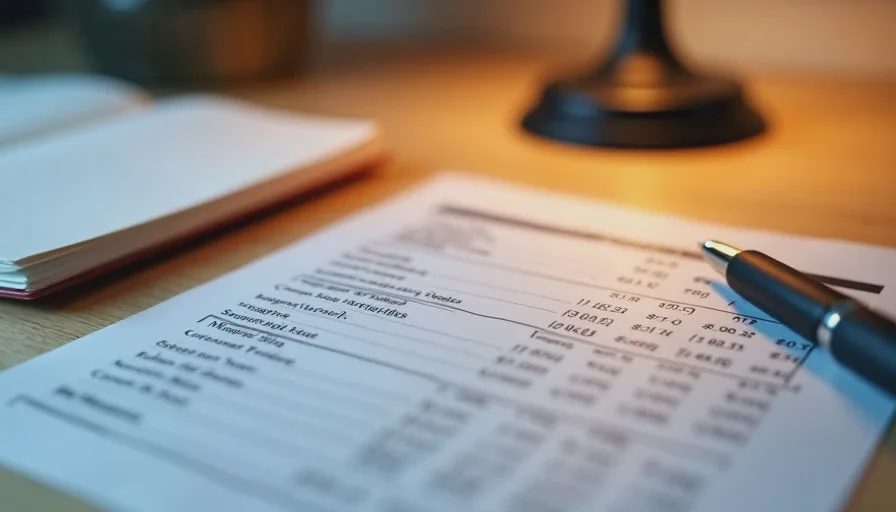 Close-up of a bank statement with several recurring charges highlighted, notebook and pen beside it, soft desk lamp light in a quiet home workspace