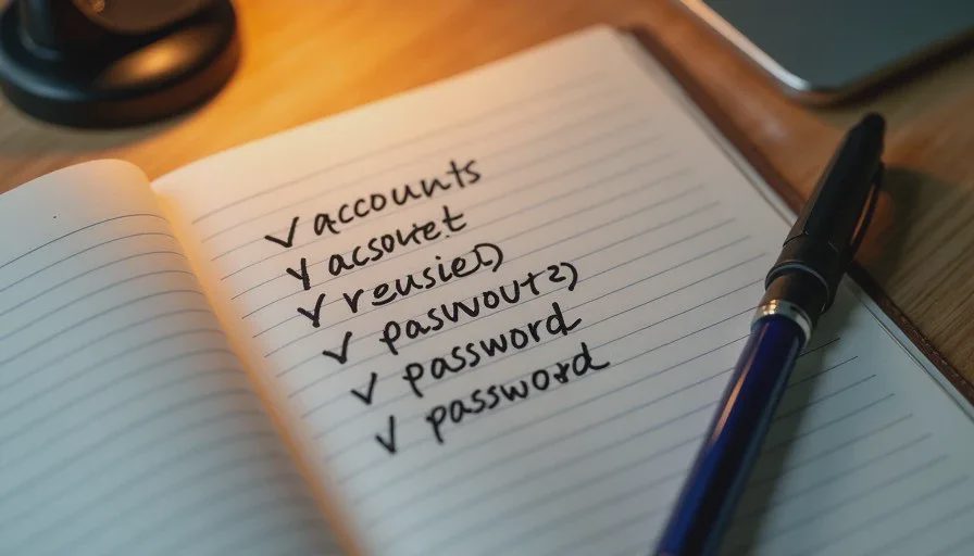 Seeing the same password listed across accounts makes the risk visible Close-up of a handwritten list of accounts that once shared the same password, soft desk lamp light, quiet home workspace