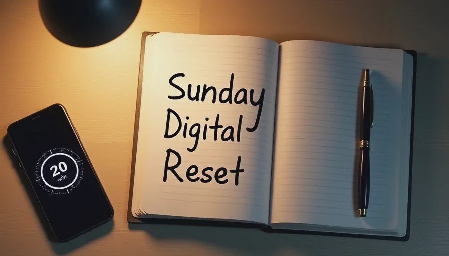 Write the finish line before the timer starts Close-up of a handwritten digital reset list in a notebook next to a phone timer set to twenty minutes, soft desk lamp light, quiet evening workspace
