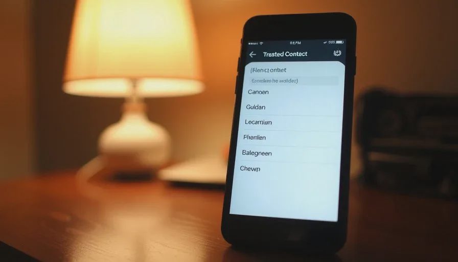 Setting a trusted contact requires knowing what permissions are granted Close-up of a smartphone screen showing the trusted contact selection menu, soft desk lamp light, quiet home workspace
