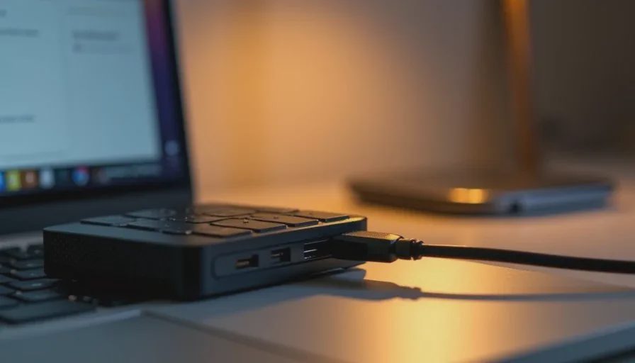Close-up of an external hard drive connected to a laptop on a wooden desk, soft desk lamp light, quiet home workspace showing a real backup setup